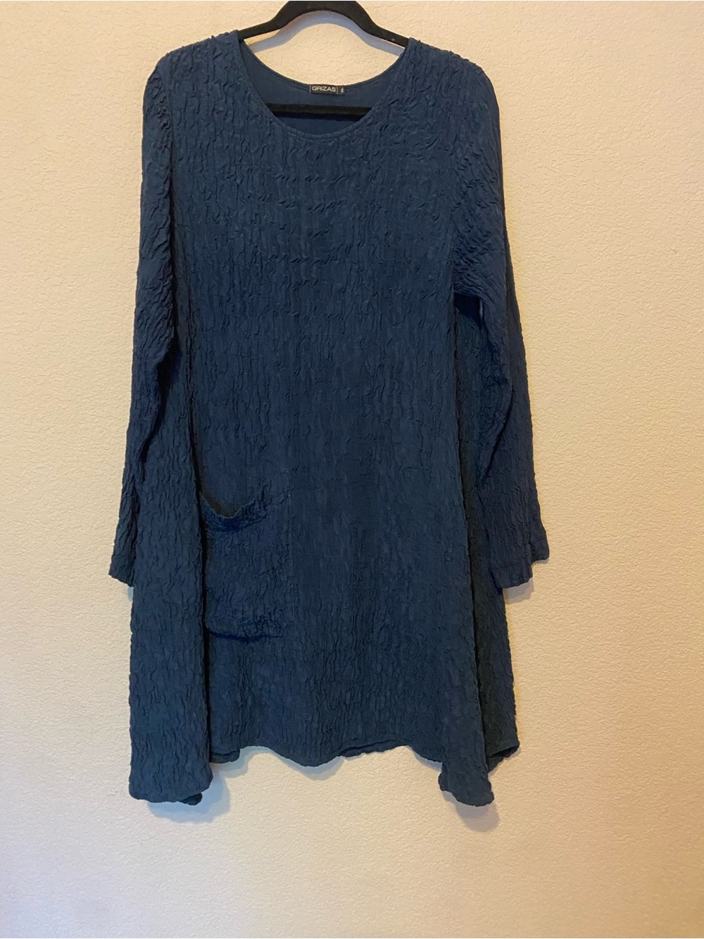Grizas Crinkled Silk Lagenlook Dress Sz XL Navy Long Sleeve Asymmetrical Pocket